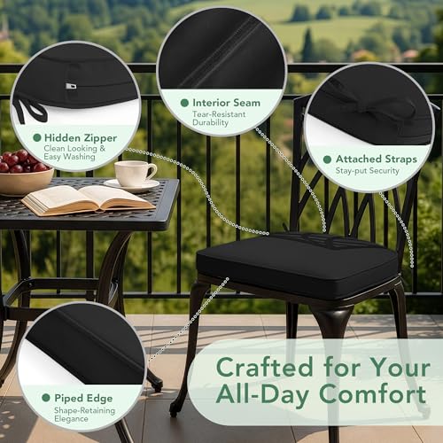 Outdoor Chair Cushions Set of 2: Waterproof & Fade Resistant Patio Furniture Cushions - 17 x 16 x 2 Inch Non Slip Round Corner Seat Cushion Pads with Removable Cover for Garden Yard Lawn, Black - color: Black, size: 17x16x2 Inch-2p