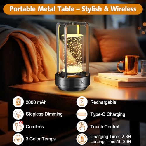 Portable Table Lamp for Outdoor Indoor: Cordless Rechargeable Desk Lamp with 3 Color Stepless Dimmable - Metal Battery Operated Lantern Light for Bedroom/Bar/Coffee Shop/Camping (Black (Bubble)) - color: Black (Bubble)