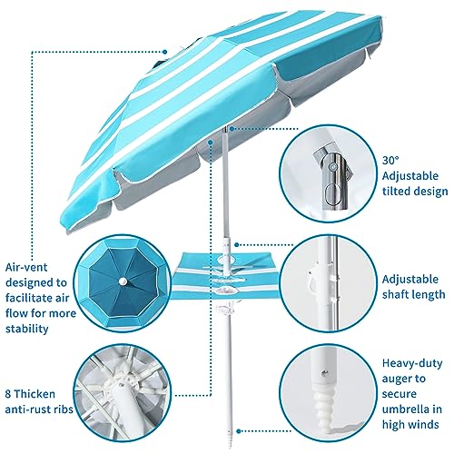 Beach Umbrella - Beach Umbrella for Sand Wind Portable with Tilt Pole, 6.56 FT Arc Length 5.9 FT Diameter, Heavy Duty Wind Resistant Striped Large Umbrellas, UV 50+ Parasol with Anchor Screw Adjustable Height