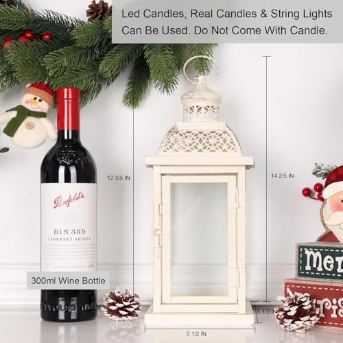 Lantern Decorative Indoor&Outdoor, 2 Pack 14.4'' Large Metal Candle Lanterns, Vintage Hanging Candle Holders for Farmhouse Wedding Front Porch Patio, Halloween Christmas Decorations for Home - color: Begie / 14.4’’h + 14.4''h