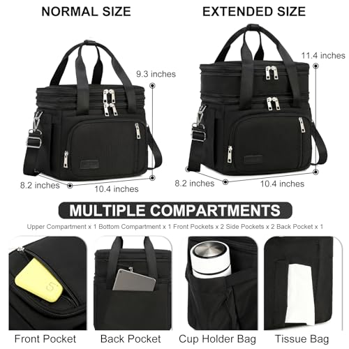 MAPLELILY Lunch Box for Men Women - Double Deck Insulated Lunch Bag, Large Leak Proof Tote Cooler, Wide Open Dual Compartment Lunch Bags with Shoulder Strap, For Work Picnic Hiking Beach, Black - color: Black