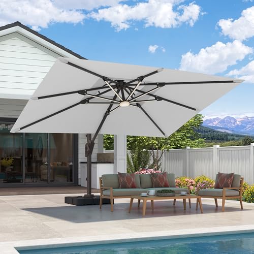 9x12 FT Cantilever Patio Umbrella with Led Lights Double Top Outdoor Rectangular Large Heavy Duty Aluminum Offset Umbrellas with 7 Level Tilt 360-degree Rotation for Pool Garden Deck, Fog Grey - color: Fog Grey, size: 9' X 12'-with Light