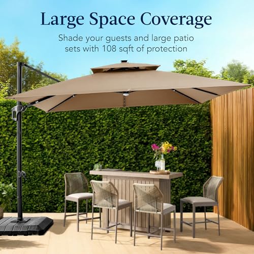 Best Choice Products 9x12ft LED Cantilever Patio Umbrella w/Base Included & 360° Rotation, Large Solar Offset Hanging Outdoor Sun Shade for Deck, Backyard Table w/Stand & Lights – Tan - color: Tan, size: 9x12ft