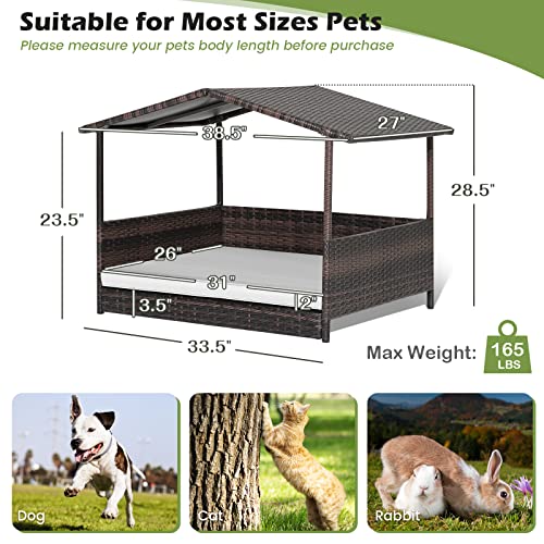 Tangkula Wicker Dog House, Indoor Outdoor Raised Rattan Dog Bed w/Removable Cushion, Washable Cover, Weatherproof Roof, Rattan Puppy Shelter w/Elevated Floor for Small Medium Dogs (White) - style: White