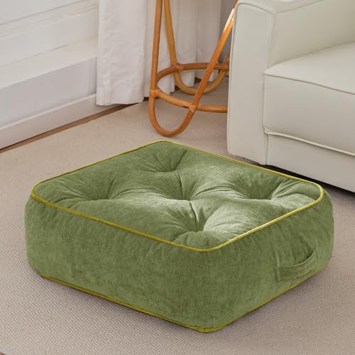 HIGOGOGO 8" Extra Thick Floor Pillow Cushion for Adults, Meditation Cushion Pillow with Handle, Lustrous Chenille Tufted, Square Floor Sitting for Tatami Living Room or Yoga, 22x22 Inch, Green - color: Square Green, size: 8" Thick(pack of 1)