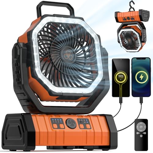Camping Fan - 20000mAh Battery Powered Fan Rechargeable with LED Lantern - Portable Outdoor Tent Fans with Hanging Hook 4 Speeds Wind Remote Control, Black and Orange - color: Black and Orange