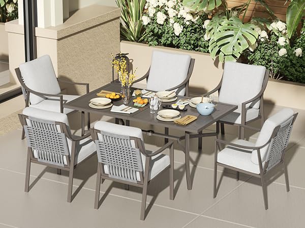 NATURAL EXPRESSIONS 7 Piece Patio Dining Table Outdoor Furniture Set for 6, 6Pcs Fixed Dining Chairs with Olefin Cushions, 65”Large Dining Table with Umbrella Hole - size: 7pcs with 6 Fixed Chairs