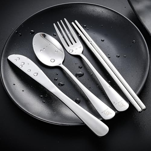 Boulder Bee Travel Utensils Set | Reusable Camping Cutlery Set | Stainless Steel Flatware Set | Portable Silverware Set with Case | Includes Knife/Fork/Spoon/Chopsticks/Cleaning Cloth/Case (Sliver) - color: With Chopsticks-Silver