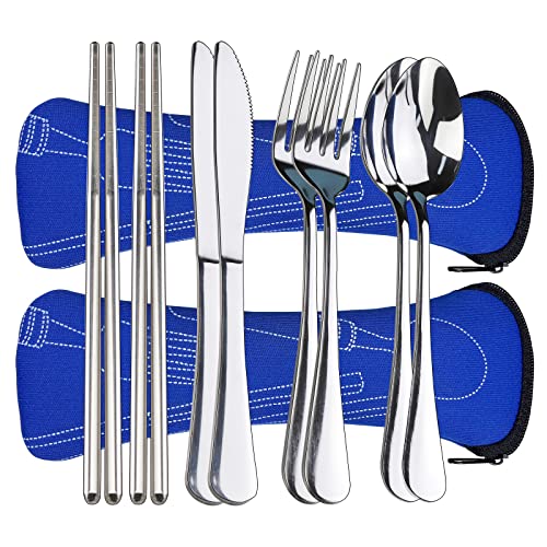 10PCS Portable Silverware Set with Case, Lengnoyp Travel Camping Utensils Set, Premium Stainless Steel Travel Cutlery Set, Reusable Safe Flatware Sets for Lunch Box/Workplace/Students, Silver - color: Thick 10 PCS
