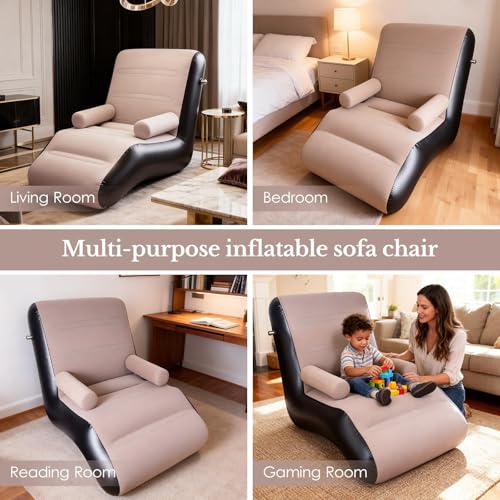Inflatable Couch Chair with Air Pump, Foldable Blow Up Lounge Chair with Handrails for Bedroom and Living Room, Indoor Outdoor(Brown) - color: Brown