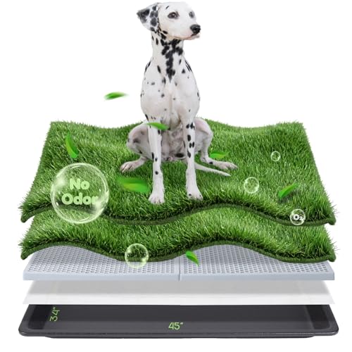 Dog Grass Pad with Tray, 45×34in XL Litter Box, 2×Grass Pad for Dogs Potty Washable, Thick Soft Odor-Free Hemmed Dog Pee Grass, Indoor Potty Training Balcony