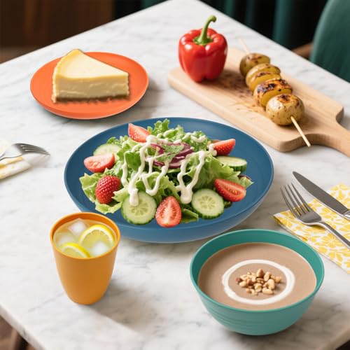 Wheat Straw Dinnerware Sets, Plates and Bowls Sets Unbreakable & Microwave Safe - 32 Piece Service for 8 Dinner Plate Dessert Plate Cereal Bowl Cup for Kitchen & Outdoor - Multi - color: Multicolor, size: 32 PCS