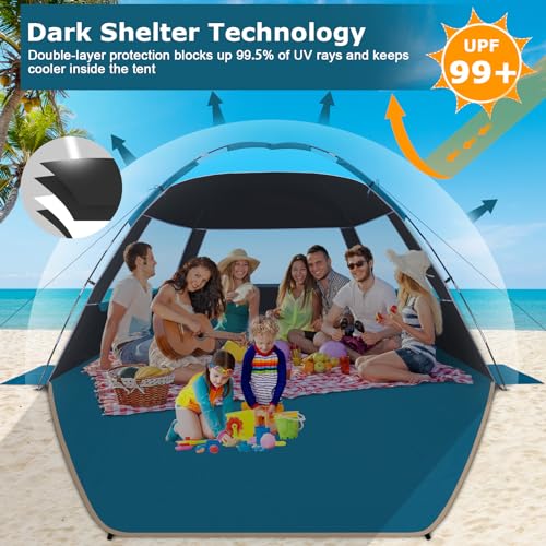 COMMOUDS Beach Tent Sun Shade for 3/4/6/8 Person, UPF 50+ Beach Sun Shelter Canopy Tent, Lightweight, Easy Set Up and Carry - color: Sky Blue with Dark Shelter, size: 8 Person