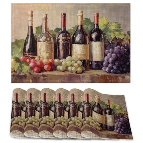 Placemats Set of 6,Retro Red Wine Table Mats, Grapes Glass Cup Washable Linen Table Mats,Non-Slip Heat Resistant Placemats for Party Kitchen Dining Indoor Outdoor 12"x18" - color: Retro Red Wine, Grapes Glass Cup