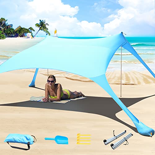 77 FT Beach Tent Sun Shelter UPF50+ UV Protection, Outdoor Canopy Tent Sun Shade with 2 Poles for Camping, Fishing, Backyard and Picnics with Sandproof Beach Blanket Blue - color: Blue