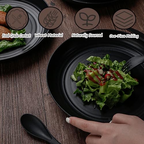 Wheat Straw Deep Dinner Plates Set of 4, Unbreakable Reusable Plates, Microwave & Dishwasher Safe, BPA Free Salad Plates for Kitchen, Daily Use & Parties (Black) - color: Black