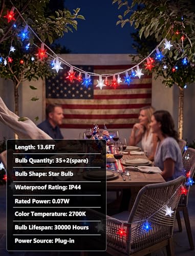 4th of July Decorations Star String Lights, 13.6Ft Red White Blue Patriotic Lights with 35 LED Stars, Waterproof Plug in Fairy String Lights for Memorial Day Independence Day Outdoor Indoor Decor - color: 35LED Star Lights