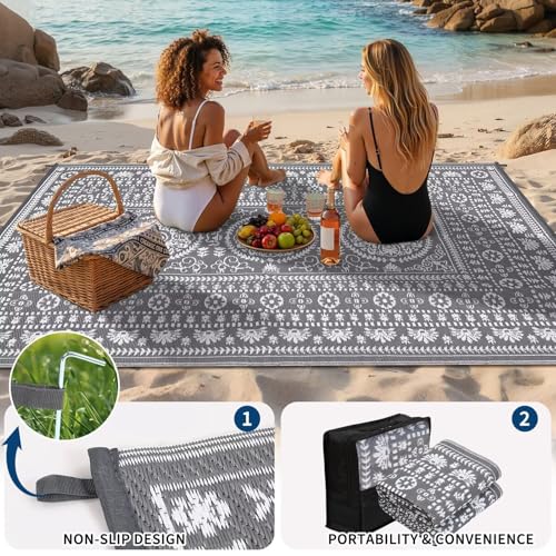 Garvee Reversible Outdoor Rug 6x9 for Patio, Waterproof Outdoor Area Rug, Modern Medallion Indoor Outdoor Rugs, Plastic Straw Rug for RV, Camping, Deck, Vintage Grey - color: Grey & White, size: 6' x 9' (Rectangular)