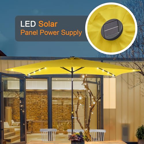 Rectangle Patio Umbrella with Solar Lights, 10 x 6.5ft Rectangular Outdoor Umbrella Table Market Patio Umbrella with Push Button Tilt and Crank for Garden, Deck, Backyard, Pool - color: Yellow