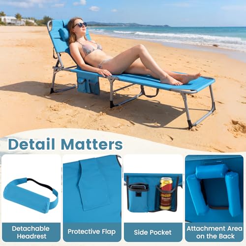 COSTWAY Tanning Chair with Face Hole, Folding Beach Lounge Chair with 4-Position Adjustable Backrest, Pillow & Side Pocket, Foldable Chaise Lounge Chair Outdoor for Sunbathing, Camping (1, Blue) - color: Blue