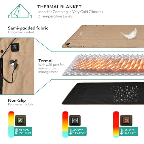 Electric Heated Blanket – Waterproof for Outdoor Camping, Cordless Heating with 3 Heat Levels, Portable Travel Cover w/Storage Bag, Electric Blanket & Battery Heated Blanket (Power Bank Not Included) - color: Beige