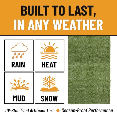 Ottomanson 2'7" x 20' Artificial Faux Grass Rug - Realistic Turf with UV Protection - Perforated for Easy Drainage - Durable, Hose-Off Synthetic Lawn Carpet for Indoor & Outdoor Use, Green - size: 20-ft