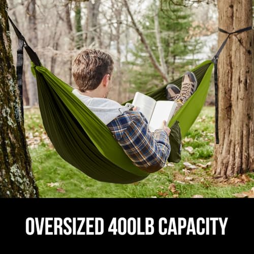 GORILLA GRIP Durable Camping Hammock with Heavy Duty Tree Straps, Portable Hammocks for Outside, Easy to Use Travel Swing Chair, Outdoor Camper Hiker Essentials, Backpacking Gear Gifts, Single, Green - color: Dark Green/Light Green, size: Single (9' x 4.5