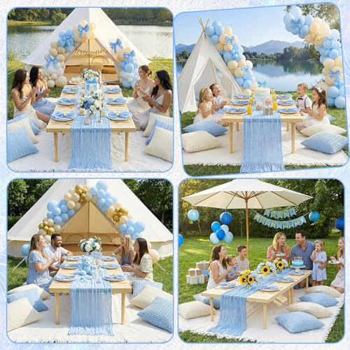 Beeveer 91 x 71 Extra Large Outdoor Boho Picnic Blanket with Table Runner Light Blue, 6 Throw Pillow Covers 6 Napkins Woven Cotton Yarn Oversize Beach Blanket Washable Picnic Camp Wedding - color: Light Blue