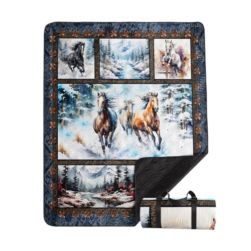 Outdoor Picnic Blanket Portable Ultrasonic Waterproof Picnic 3D Horse Printed Camping Beach Mat for Sand and Wet Grass Hiking (3D Horse S - color: 3d Horse, size: Standard - 59"x78"