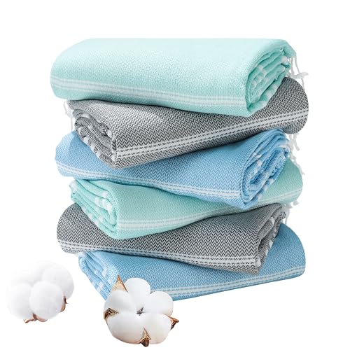 Genovega 6 Packs Oversized Turkish Beach Bath Towel Set Bulk 74"x38" Extra Large Sand Free Quick Dry Swim Camping Pool Clearance Towels Travel Blanket Adult Essentials Grey Coral Blue Stripe - color: Multi Stripe Four