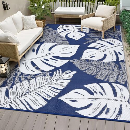 COZYLOOM Outdoor Rugs Waterproof 10x14 Reversible Outdoor Plastic Straw Rug Modern Leaf Patio Rug Indoor Outdoor Carpet RV Mat for Deck Backyard Patio RV Camping Beach, Dark Blue and White - color: Leaf Navy/White, size: 10' x 14' (Rectangular)