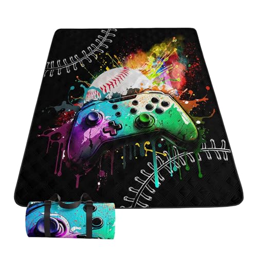 Outdoor Picnic Blanket,Portable Sandproof Waterproof Picnic Mat,Gamepad Baseball Printed Camping Beach Mat for Sand and Wet Grass Hiking (Gamepad Baseball L) - color: Gamepad Baseball, size: Extra Long - 78"x78"