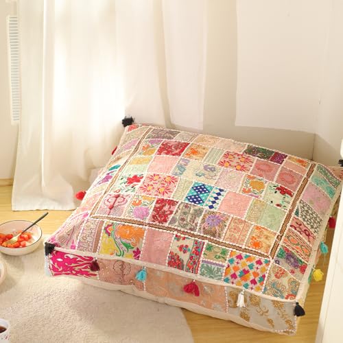 THE ART BOX Cotton Patchwork Vintage Boho Embroidered Floor Pillows & Cushion Cover Dog Pouf Seating Pouf Meditation Pillow Pet Bedding Cat Bed Boho Home Décor (35x35 Inches, Cover Only) - color: White