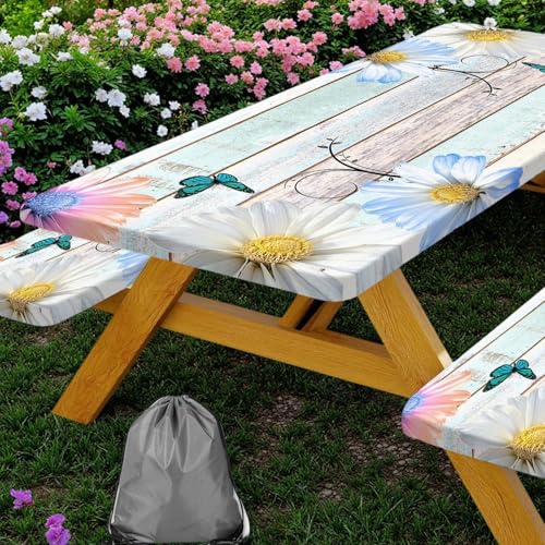 Rustic Daisy Flower Wooden Picnic Table Cover with Bench Covers, Farmhouse Flower Waterproof Wood Board Tablecloth for Patio Camping Outdoor Party Decorations with Drawstring Bag, 30X96in, 3PCS - color: Multi3, size: 96in