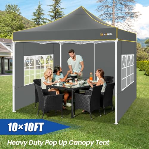 HOTEEL Pop Up Canopy Tent 10x10 with Sidewalls, Commercial Instant Waterproof Canopy for Vender Patio, UV 50+ with Silver Coated, Upgraded Thickened Hexagonal Legs, Gray - color: Gray, size: 10x10FT (+4 Walls)