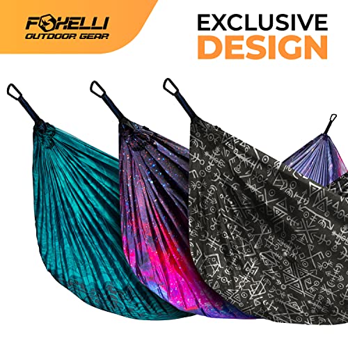 Foxelli Camping Hammock – Ultralight Hammock for Backpacking, Hiking, Festivals, Travel - Easy Setup with Tree-Friendly Ropes & Steel Carabiners, Heavy Duty Parachute Nylon - color: Tribal Grey