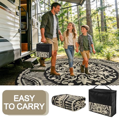 Capslpad 10x10 Floral Outdoor Rug for Patio Clearance Reversible Mat Round Portable Plastic Straw Carpet Waterproof Boho Indoor Outside Area Rugs for RV Camping Picnic Balcony Deck, Black and Brown - color: Black&brown, size: 10' (Round)