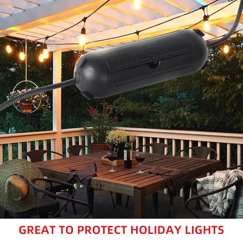 (4-Pack) Large Black Outdoor Extension Cord Plug Protector for AWG12/14/16 Cords | Water-Resistant Holder for Holiday String Lights and Wires | Capsule Shaped Protector with Large Compartment - color: Black, size: Large (with 4 Latches)