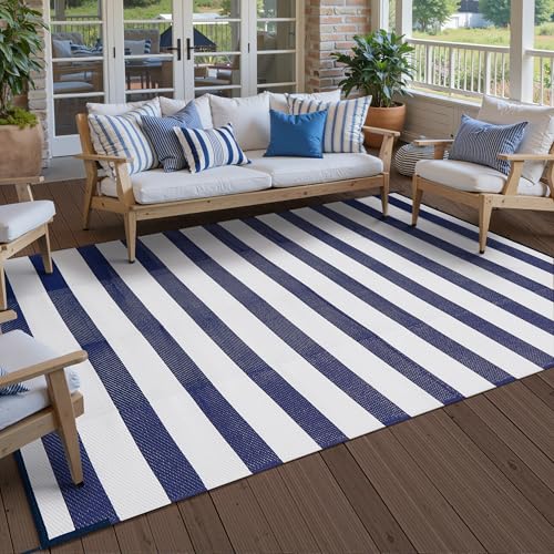 PureCozy Outdoor Waterproof Patio Rug 5x8 Plastic Straw Reversible Lightweight Outside Navy Blue Striped Large Carpet Outdoor for Camping RV Porch Deck Balcony Beach - color: Stripe | Navy Blue, size: 5' x 8' (Rectangular)