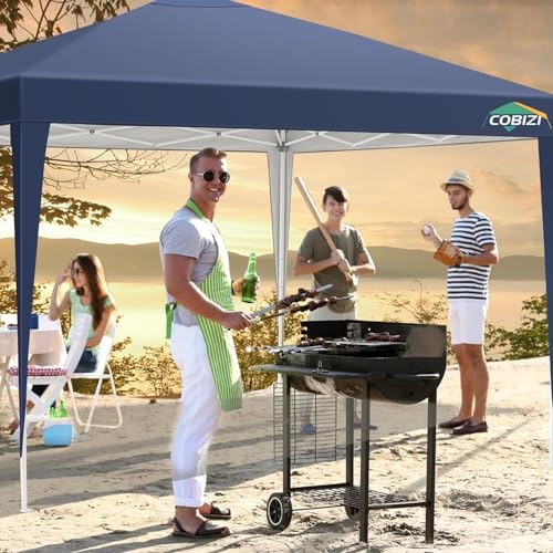 COBIZI 10x10 Pop Up Canopy Tent with 4 Sandbags, Easy Set Up Gazebo, Instant Outdoor Sun Shade &Waterproof Canopy with 8 Stakes,4 Ropes&Carry Bag, Tents for Parties, Beach, Backyard,Camping(Navy Blue - color: Navy Blue, size: 10x10FT without sidewall