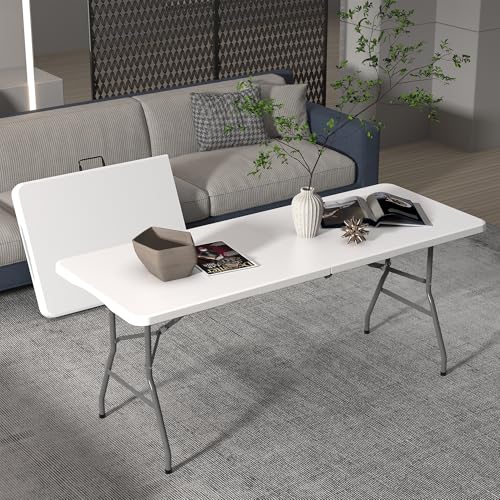 Allpop 6Ft Folding Table for Indoor Outdoor, Fold-in-Half Portable Plastic Dining Table with Carrying Handle for Picnic Party Camping, White - color: White, size: 6 Ft