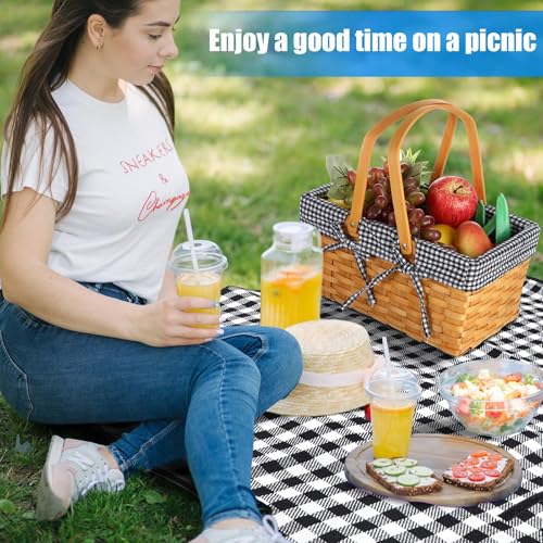 Patelai Wicker Picnic Basket Natural Hand Woven Basket with Double Folding Handles, Willow Hamper Baskets with Blanket for Outdoor Picnic Summer Spring Camp Family(Black and White Grid) - color: Black and White Grid
