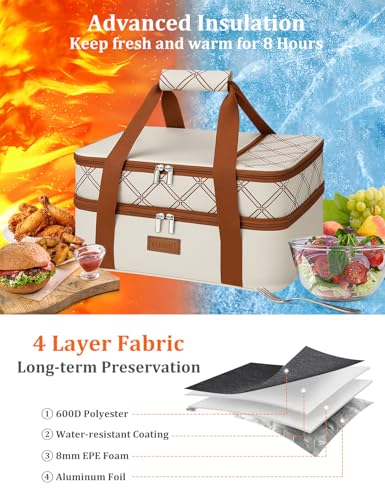 Vuudh Expandable Casserole Carrier Bag, Double Deckered Insulated Food Bag for 2 Dishes, Hot Cold Lasagna Holder Tote for Picnic, Potluck, Travel - color: Expandable-beige