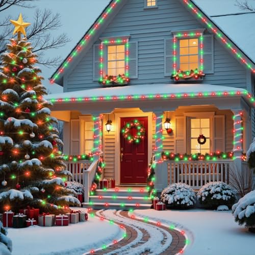 YEGUO Solar Rope Lights Outdoor Waterproof, 66ft 200 LED Red and Green String Lights, 8 Modes Fairy Lights in Clear Thin Tube - color: Red and Green