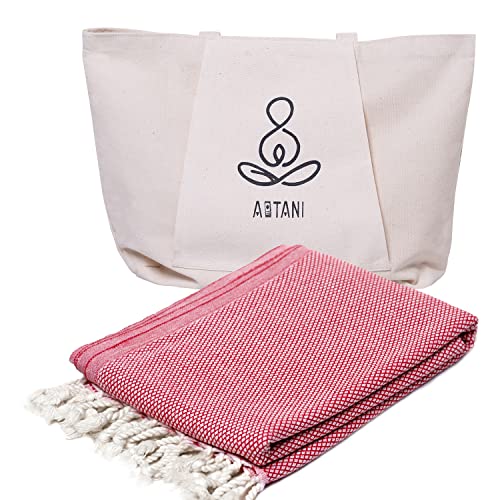 ATANI 69x35 in Oversized Turkish Beach Towel Set with Tote Bag – Quick-Dry 100% Turkish Cotton Peshtemal, Sand-Resistant, Lightweight for Shower, Travel, Pool, Yoga (Red) - color: Red + Bag, size: 35 inc x 69 inc