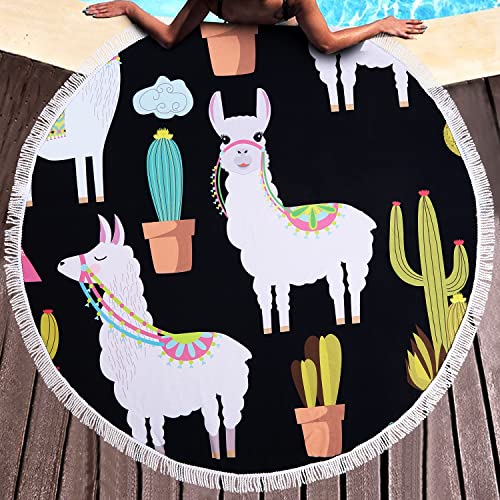 Benefeet Sox Beach Towel Large Round Mandala Pool Towels Tassels Microfiber Quick Dry Beach Blanket Throw Bohemian Roundie Swim Pool Circle Towel, 59 Inches - color: Cute Llama Cactus; Black
