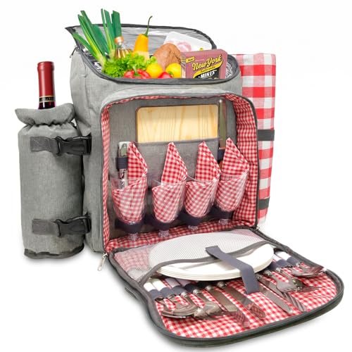 Nature Gear Picnic Backpack for 4, Insulated Picnic Set with Dinnerware, Wine Cooler, Blanket & Cutlery Service, Waterproof Outdoor Bag for Beach, Camping, Travel & Park, Red - color: Red