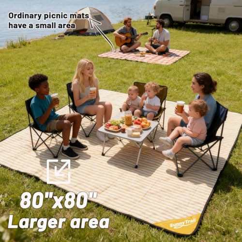 Extra Large Picnic Blanket Waterproof 80"x80" – Outdoor Blanket for Beach, Grass, Park, Lawn, Camping, Sandproof & Foldable, Wedding Registry Gift, Portable Mat for Family Picnics - color: Sunny Yellow Pinstripe