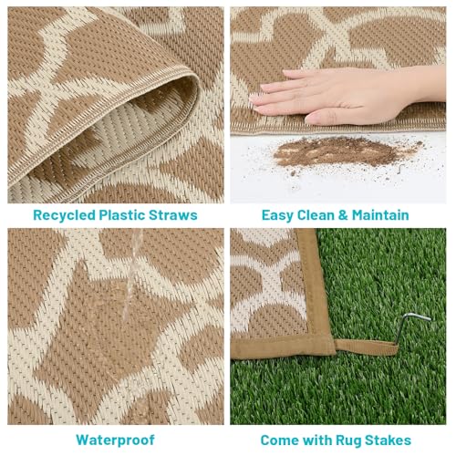 HEBE Outdoor Rug Waterproof 6x9, Plastic Straw Rug Camping Rug, Reversible Outdoor Patio Rugs RV Mat Clearance, Indoor Outside Floor Carpet for Porch,Deck,Camper,Balcony,Backyard - color: Beige, size: 6' x 9' (Rectangular)