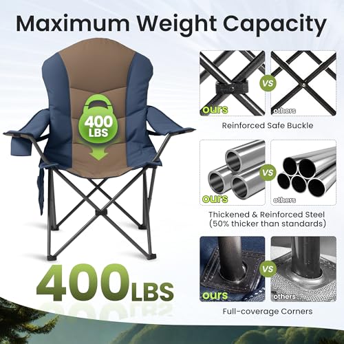 2 Pack Folding Camping Chairs for Adults - High Back Padded Outdoor Lawn Chairs with Lumbar Support & Cup Holder, 400lbs Heavy Duty Portable Camping Chairs Set (Blue & Brown, 2 PCS) - color: Blue & Brown-2 Pack, size: 2 PCS